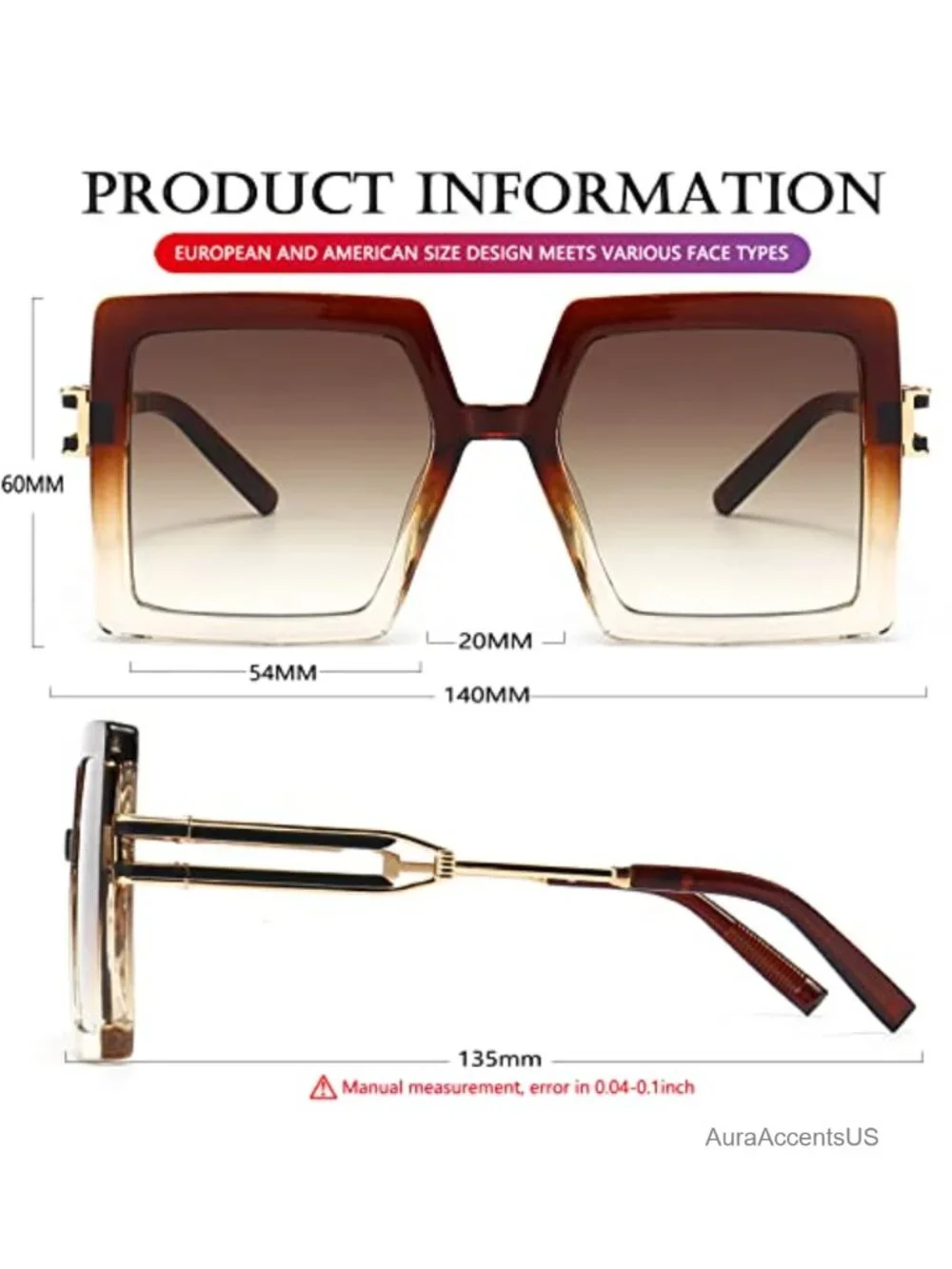 Oversized Square Sunglasses Big Large Frame UV400 Gradient Lens Full Frame